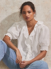 Ro&Zo White Dobby Frill Front 100% Cotton Top - Image 1 of 4