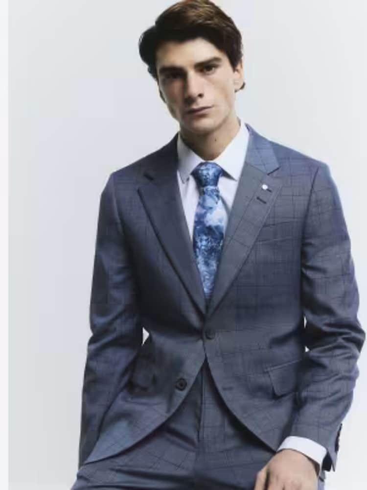 River Island Blue Check Suit Jacket - Image 1 of 6 River Island Blue Check Suit Jacket - Image 1 of 6