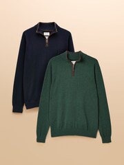 Joules Hillside Green/Navy 2 Pack Quarter Zip Knitted Jumpers - Image 1 of 7