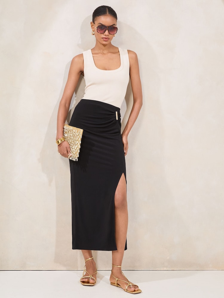 Lipsy Black Jersey Ruched Midi Skirt With Trim Detail - Image 2 of 4 Lipsy Black Jersey Ruched Midi Skirt With Trim Detail - Image 2 of 4