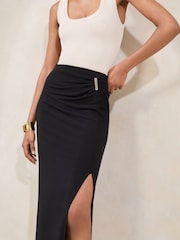 Lipsy Black Jersey Ruched Midi Skirt With Trim Detail - Image 3 of 4