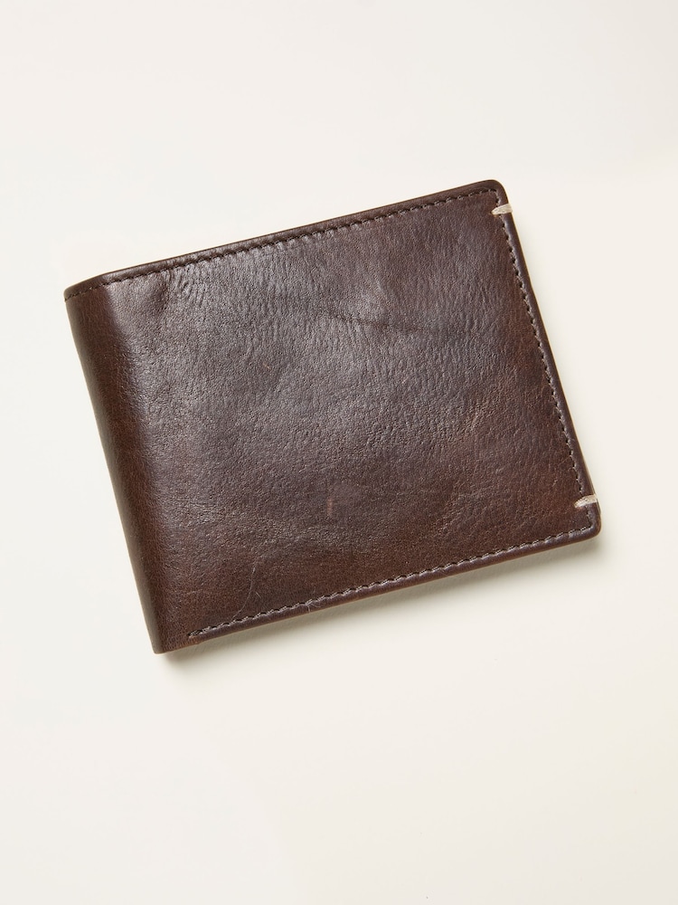 FatFace Chocolate Brown Corner Stitch Detail Leather Wallet - Image 1 of 2