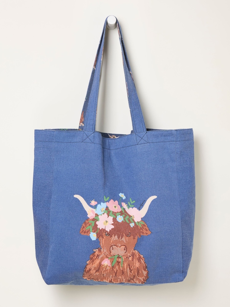 FatFace Blue Hettie Highland Cow Reversible 100% Cotton Tote Bag - Image 1 of 2 FatFace Blue Hettie Highland Cow Reversible 100% Cotton Tote Bag - Image 1 of 2