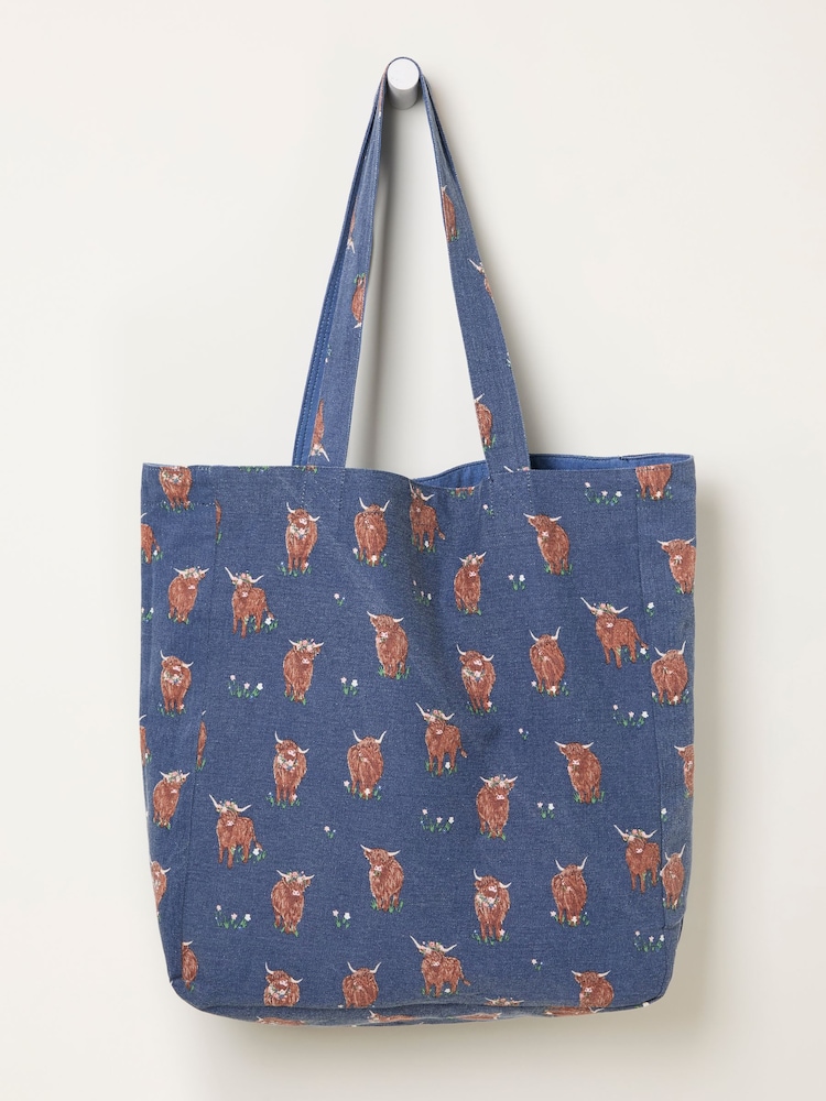 FatFace Blue Hettie Highland Cow Reversible 100% Cotton Tote Bag - Image 2 of 2