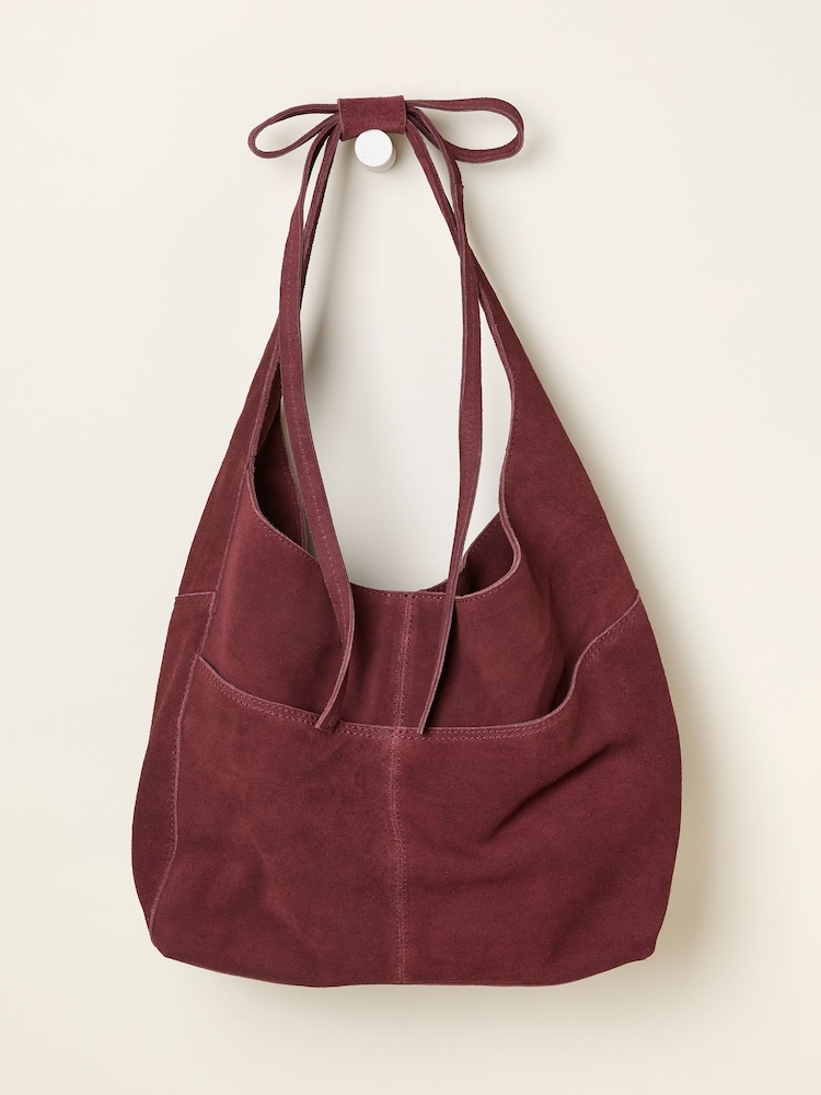 FatFace Burgundy Red Suede Bow Handle Shoulder Bag - Image 1 of 3