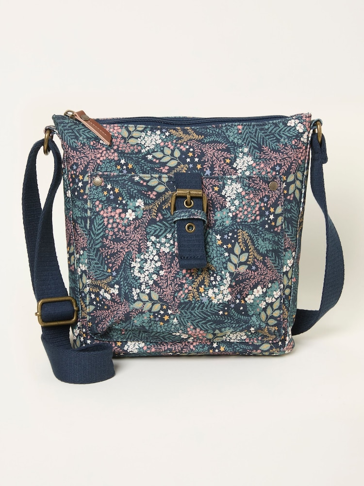 FatFace Teal Blue Canvas Floral Print Crossbody Bag - Image 1 of 3