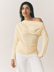 Lemon Yellow Off Shoulder Long Sleeve Drape Jersey Top - Image 1 of 7
