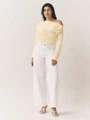 Lemon Yellow Off Shoulder Long Sleeve Drape Jersey Top - Image 2 of 7
