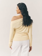 Lemon Yellow Off Shoulder Long Sleeve Drape Jersey Top - Image 3 of 7
