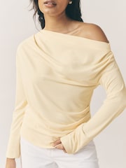 Lemon Yellow Off Shoulder Long Sleeve Drape Jersey Top - Image 4 of 7
