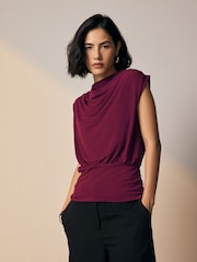 Berry Red High Neck Sleeveless Drape Cowl Top - Image 1 of 8