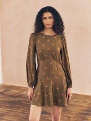 Brown Horse Print Mini Long Sleeve A-Line Seam Detail Dress - Image 1 of 7