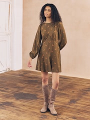 Brown Horse Print Mini Long Sleeve A-Line Seam Detail Dress - Image 2 of 7