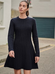 Navy Blue Cable Knit Mini Skater Dress With Wool - Image 1 of 7