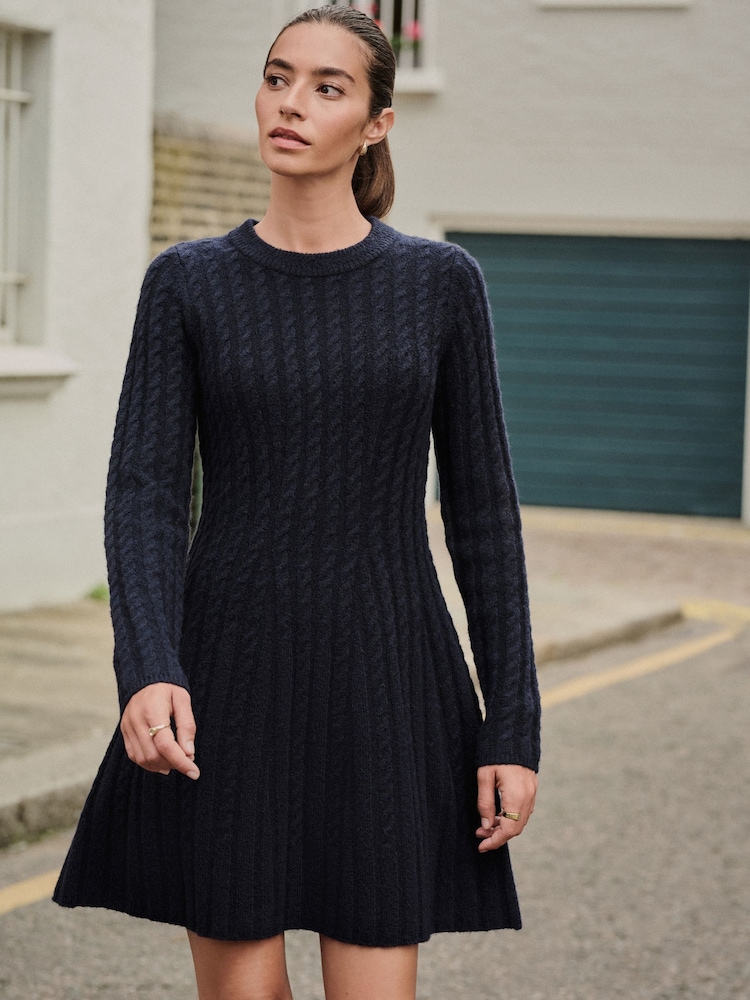 Navy Blue Cable Knit Mini Skater Dress With Wool - Image 1 of 7