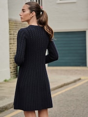 Navy Blue Cable Knit Mini Skater Dress With Wool - Image 2 of 7