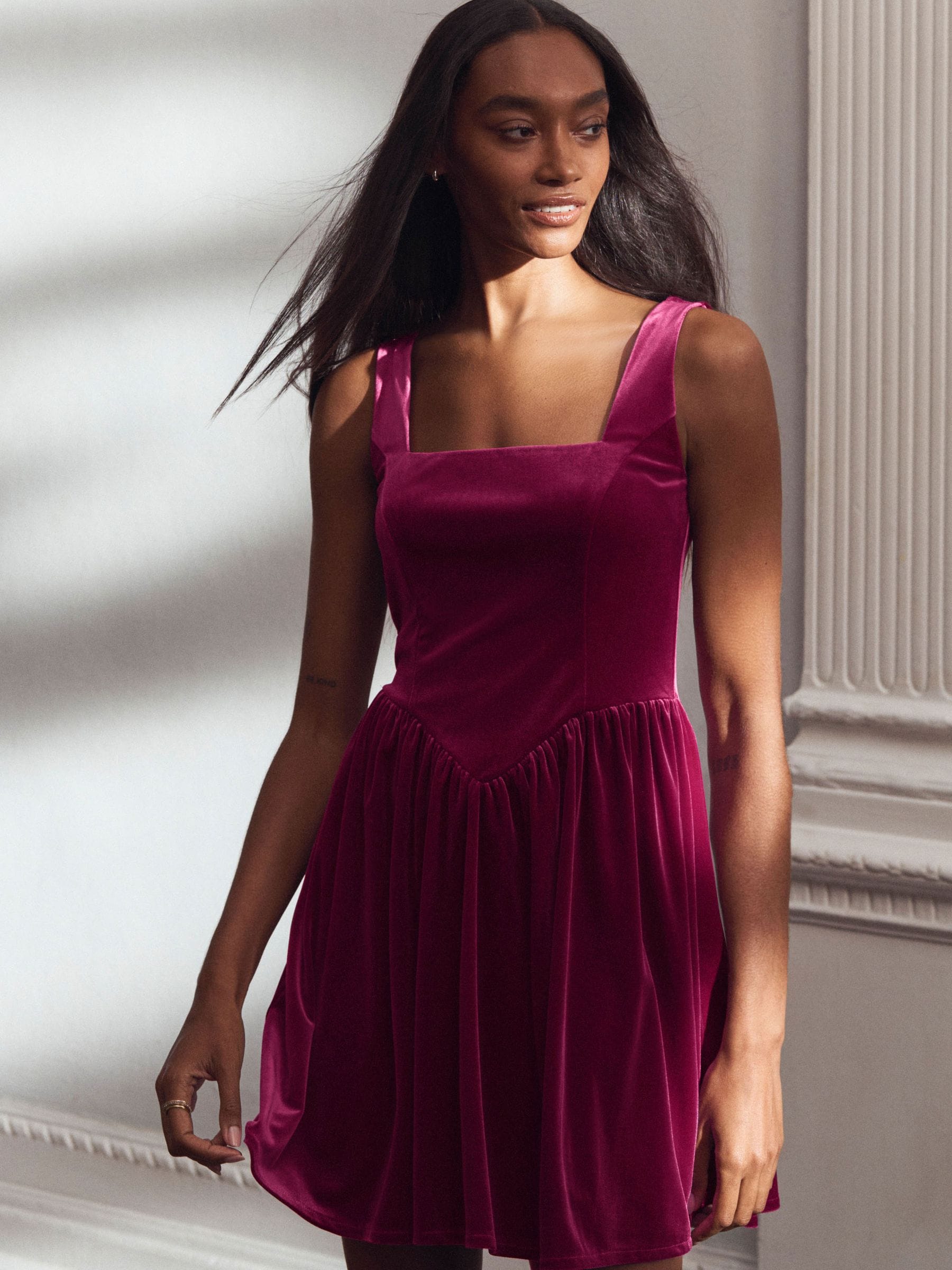 Buy Bright Pink Velvet Square Neck Waisted Mini Dress from Next USA