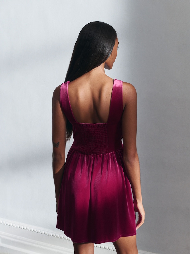 Womens Next Bright Pink Velvet Square Neck Waisted Mini Dress US 6 Petite