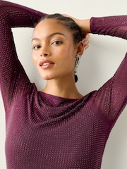 Burgundy Red Sparkle Embellished Cowl Back Mini Dress - Image 5 of 8