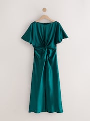 Emerald Green Textured Satin Short Sleeve Midi Dress - Image 1 of 3
