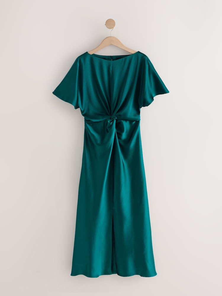 Emerald Green Textured Satin Short Sleeve Midi Dress - Image 1 of 3