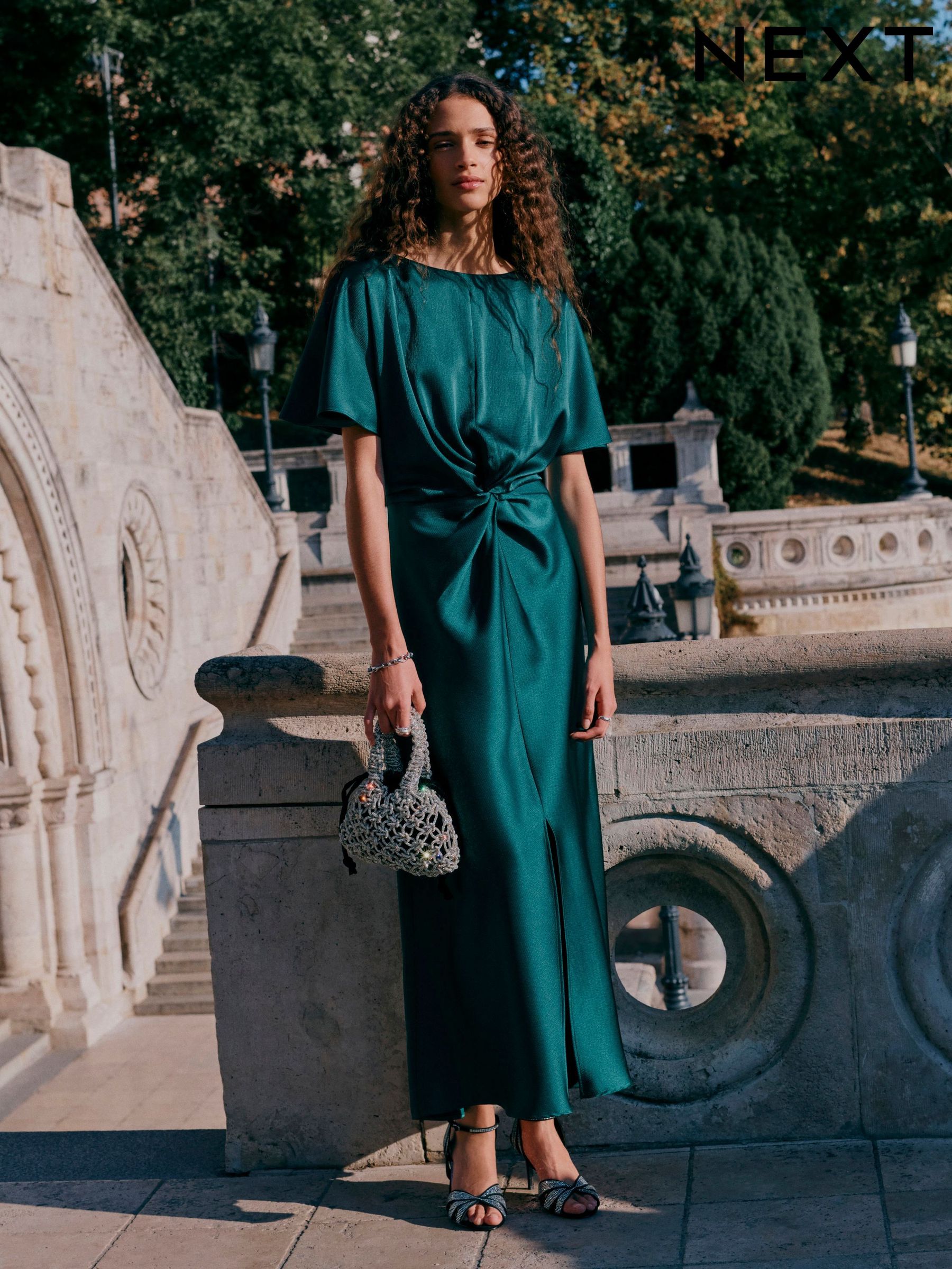 Buy Emerald Green Textured Satin Short Sleeve Twist Front Midi