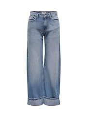 ONLY Blue Ella Mid Waist Wide Leg Fold Up Jeans - Image 4 of 5
