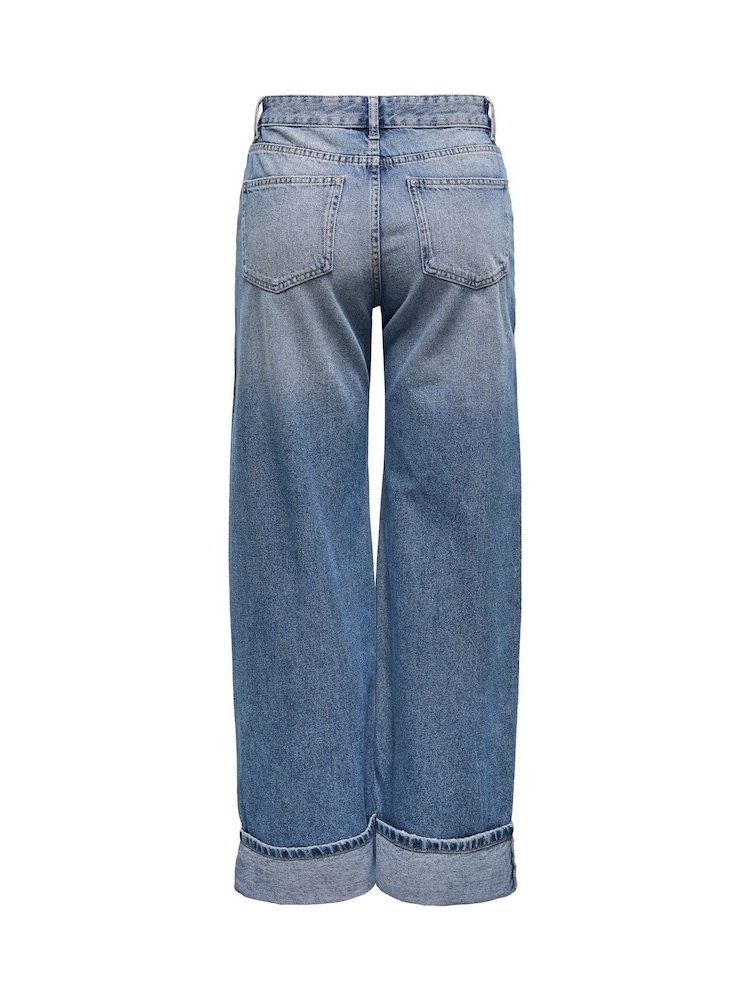 ONLY Blue Ella Mid Waist Wide Leg Fold Up Jeans - Image 5 of 5