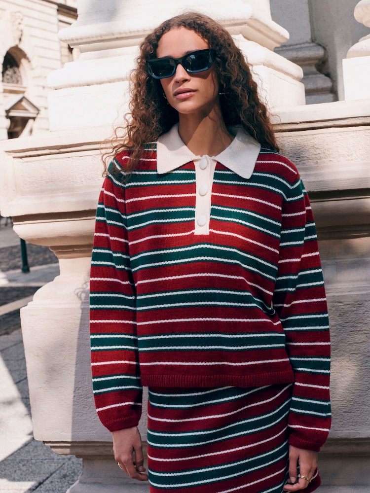 Burgundy Red/Green Stripe Co-Ord Polo Jumper - Image 1 of 7 Burgundy Red/Green Stripe Co-Ord Polo Jumper - Image 1 of 7