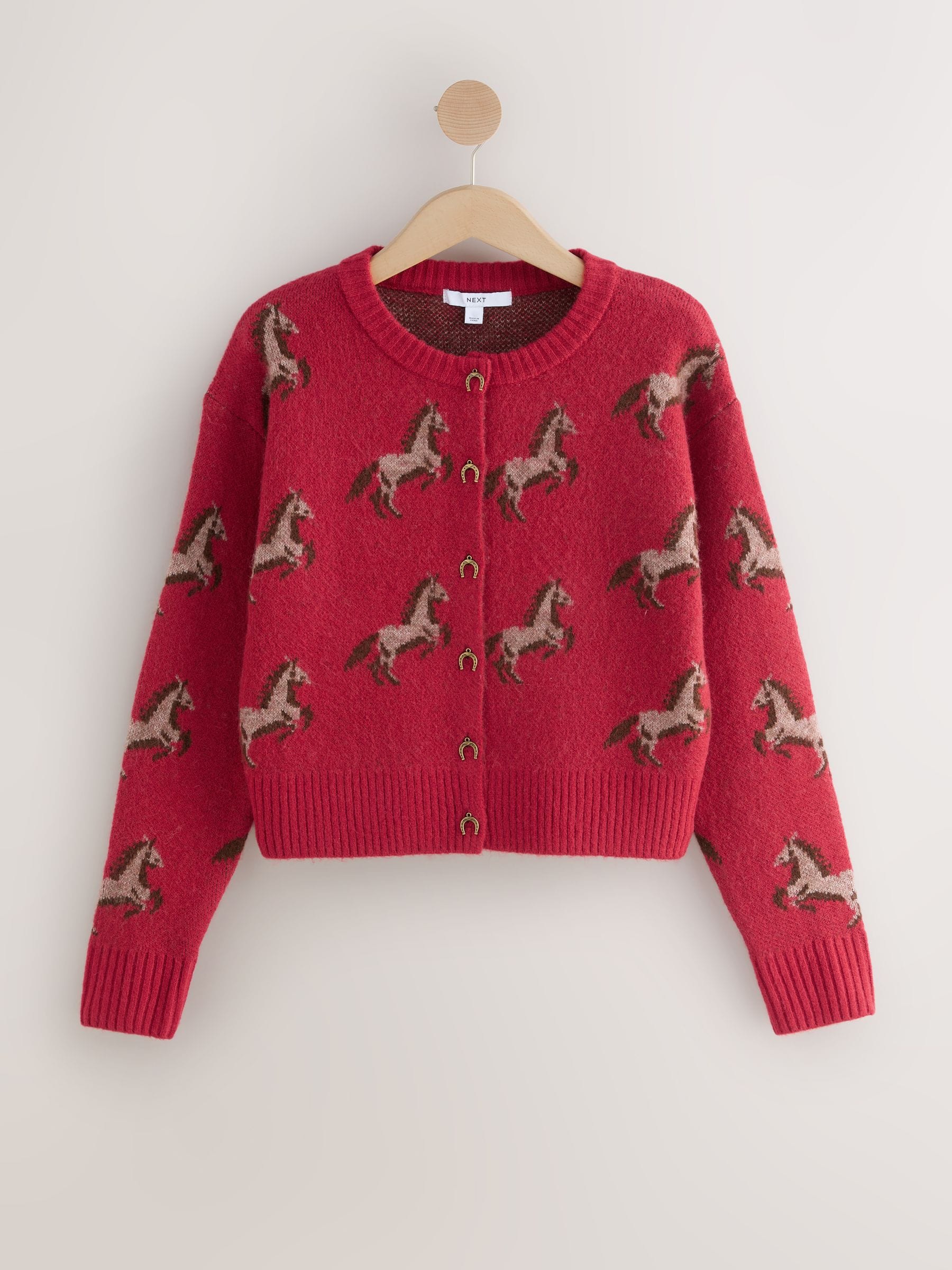 Buy Red Horse/Horseshoe Buttons Crew Neck Knitted Cardigan from
