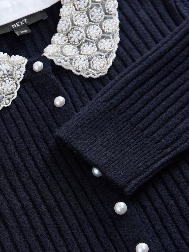 Navy Blue Ribbed Pearl Collar Cardigan With Wool - Image 3 of 3