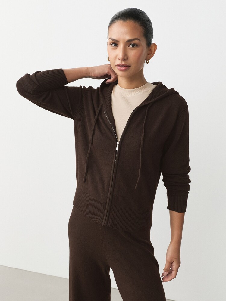 بني - Super Soft Co-Ord Knitted Zip Through Hoodie - صورة 1 من 9