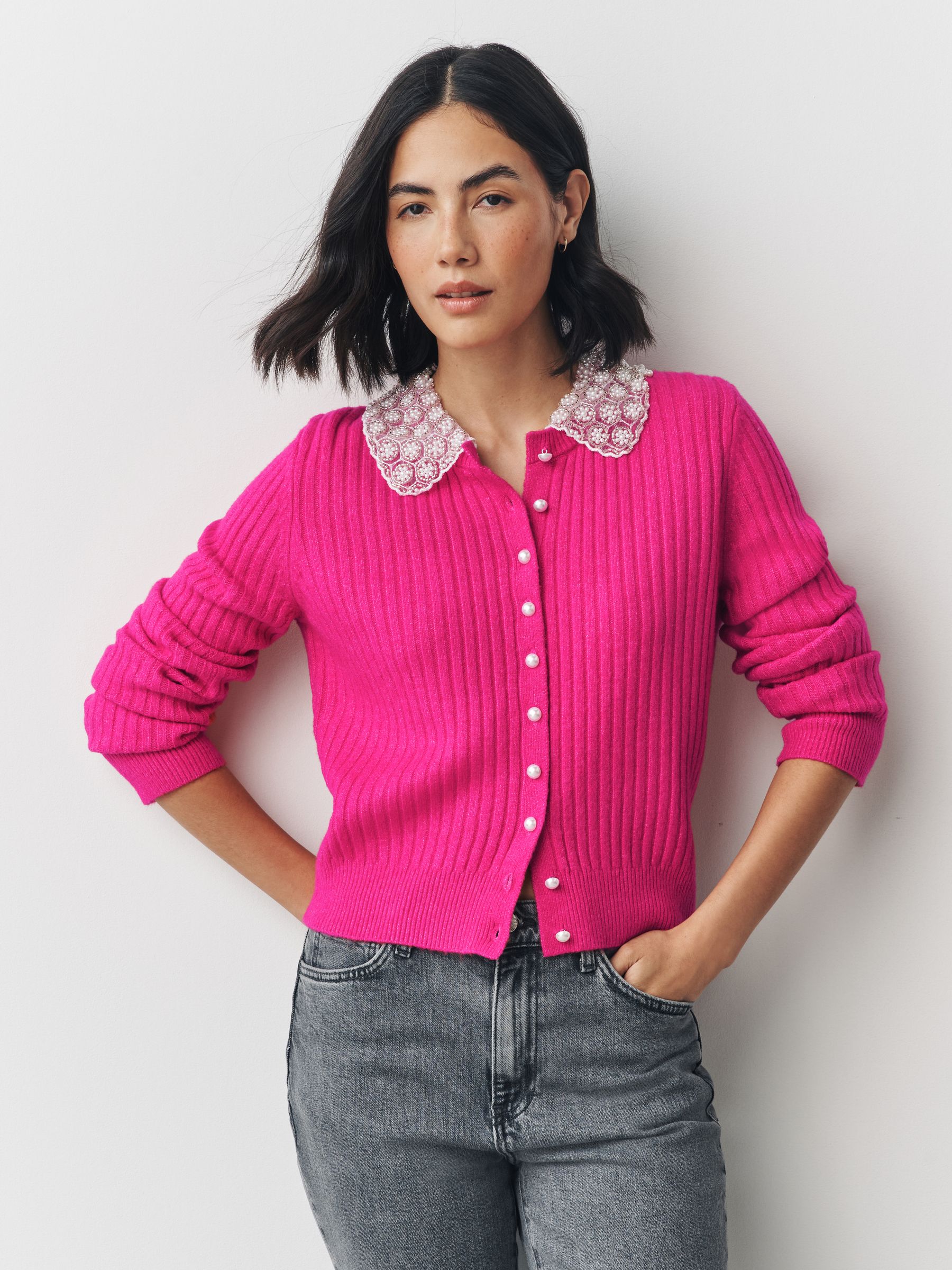 Buy Bright Pink Ribbed Pearl Collar Cardigan With Wool from Next