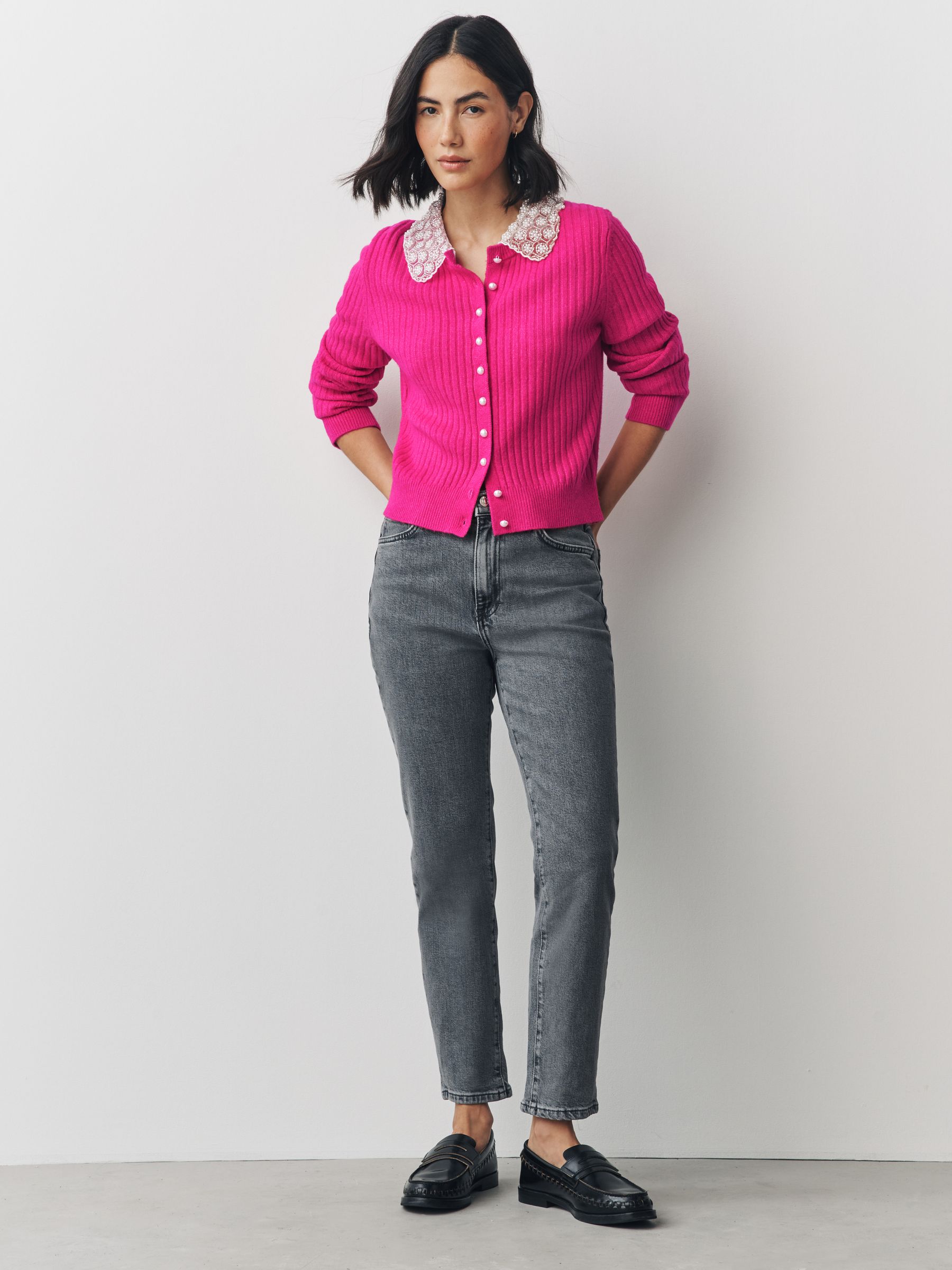 Buy Bright Pink Ribbed Pearl Collar Cardigan With Wool from Next