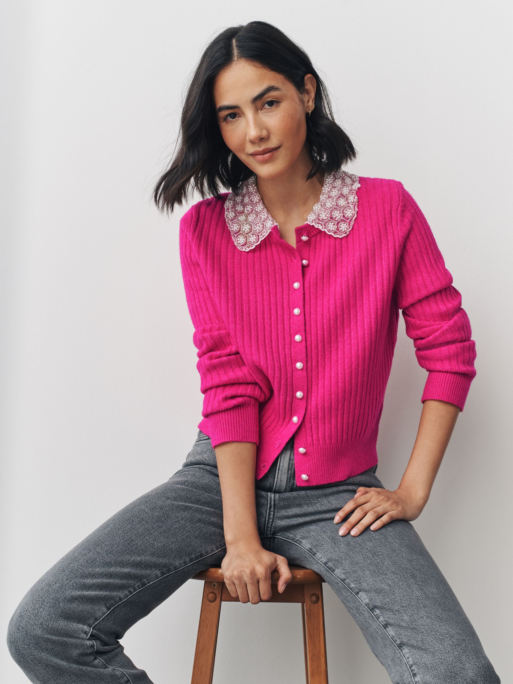 Buy Bright Pink Ribbed Pearl Collar Cardigan With Wool from Next USA