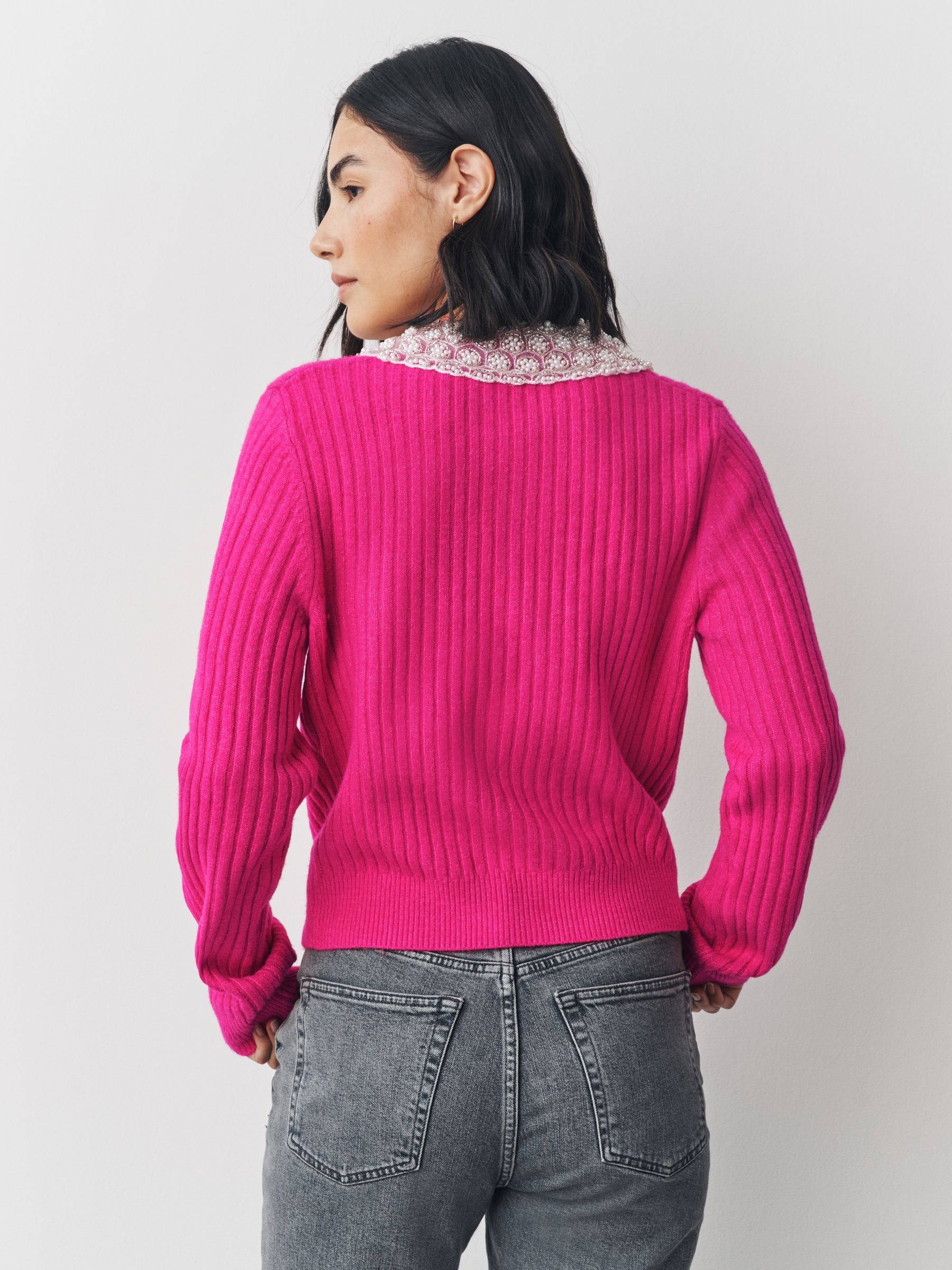 Buy Bright Pink Ribbed Pearl Collar Cardigan With Wool from Next USA