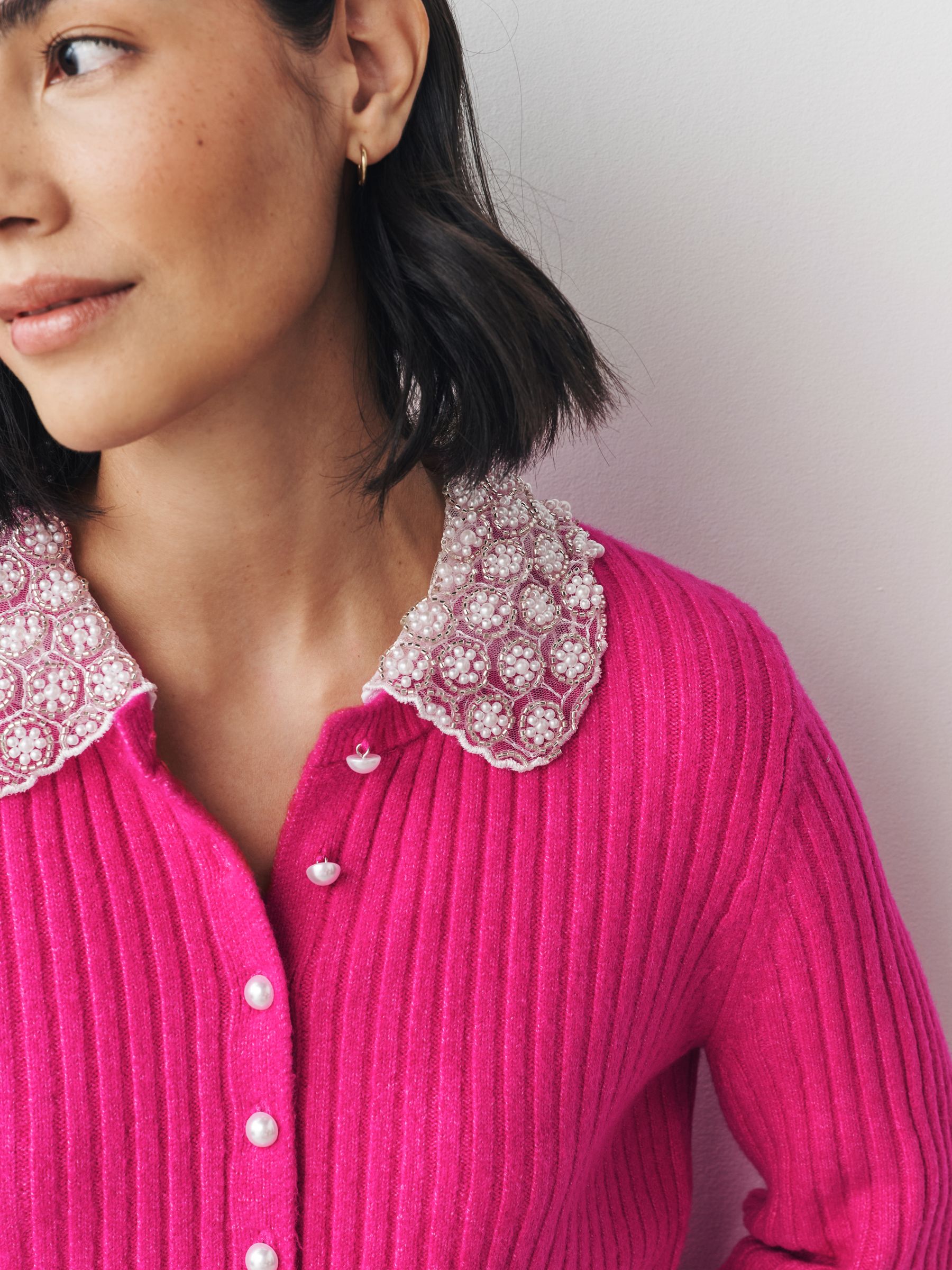 Buy Bright Pink Ribbed Pearl Collar Cardigan With Wool from Next