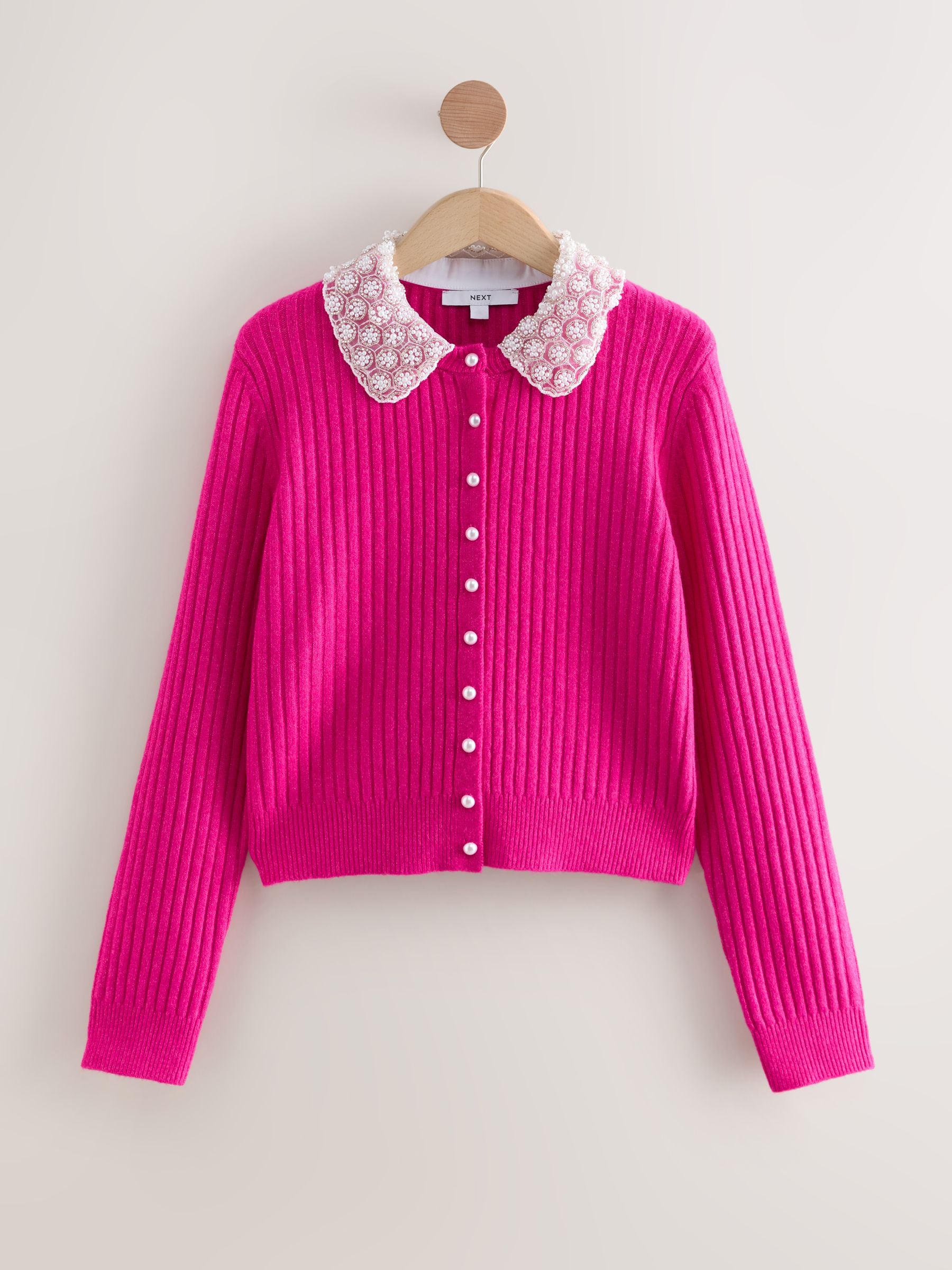 Buy Bright Pink Ribbed Pearl Collar Cardigan With Wool from Next USA