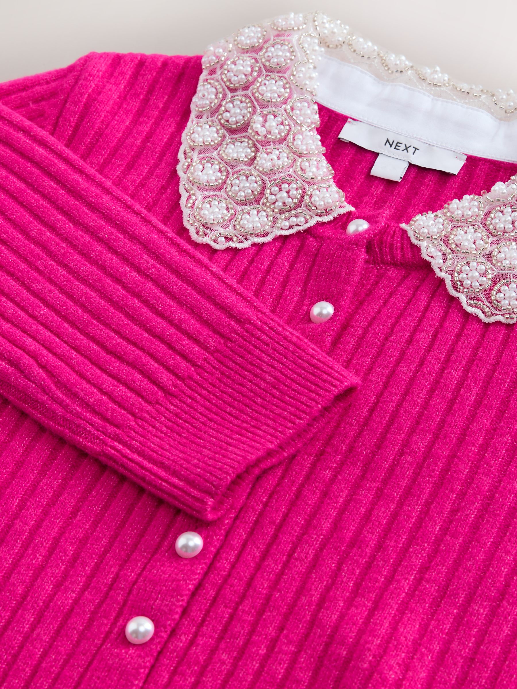 Buy Bright Pink Ribbed Pearl Collar Cardigan With Wool from Next USA