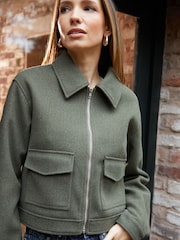 Threadbare Green Faux Wool Collared Harrington Jacket - Image 1 of 4