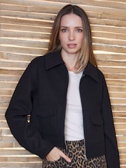 Threadbare Black Faux Wool Collared Harrington Jacket - Image 1 of 4