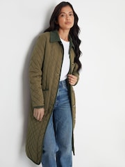 Threadbare Green Button Up Collared Diamond Quilted Maxi Coat - Image 1 of 4