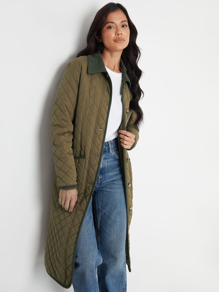 Threadbare Green Button Up Collared Diamond Quilted Maxi Coat - Image 1 of 4