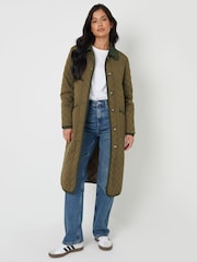Threadbare Green Button Up Collared Diamond Quilted Maxi Coat - Image 2 of 4
