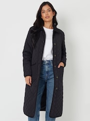 Threadbare Black Button Up Collared Diamond Quilted Maxi Coat - Image 1 of 4