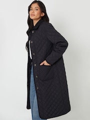 Threadbare Black Button Up Collared Diamond Quilted Maxi Coat - Image 2 of 4