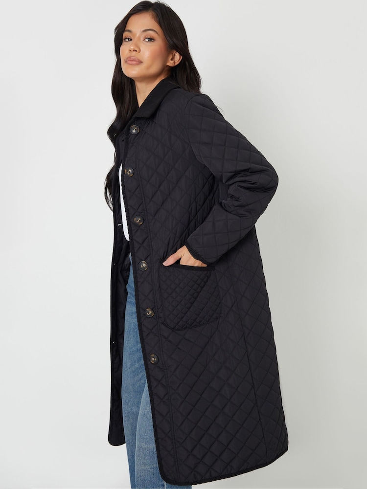 Threadbare Black Button Up Collared Diamond Quilted Maxi Coat - Image 2 of 4