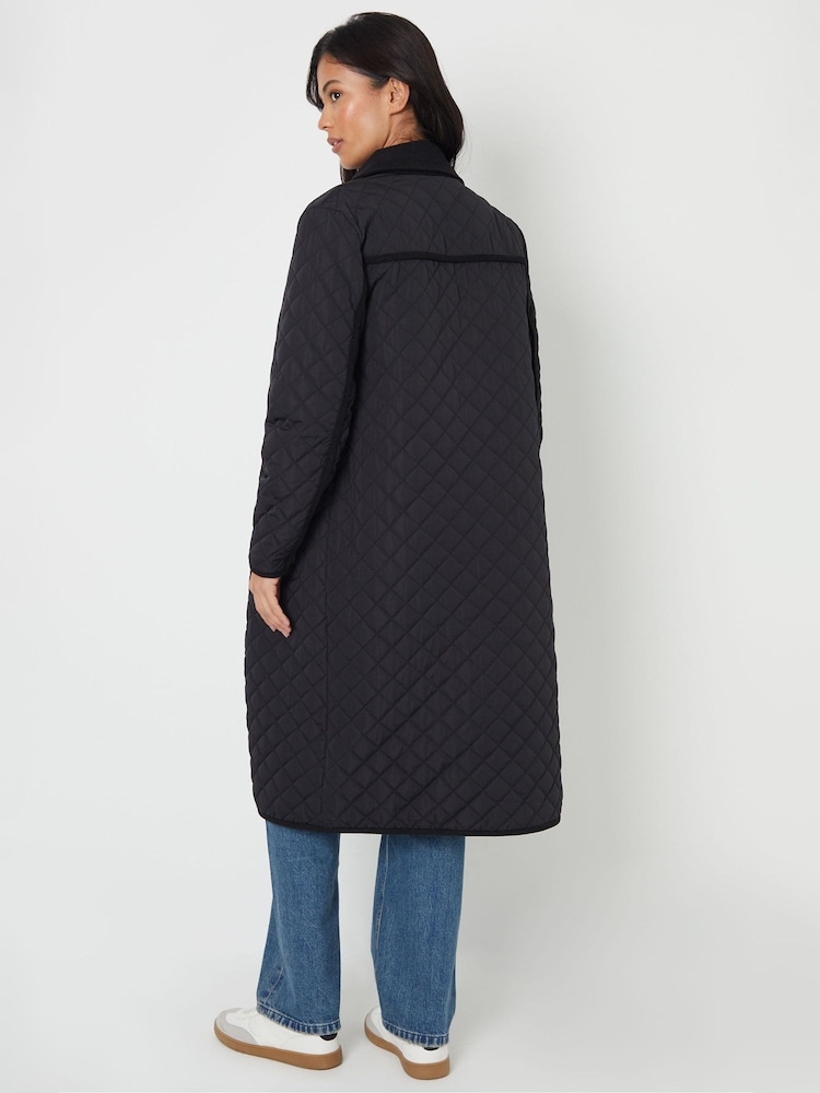 Threadbare Black Button Up Collared Diamond Quilted Maxi Coat - Image 4 of 4