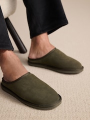 Khaki Green Faux Fur Lined Signature Suede Mule Slippers - Image 1 of 8