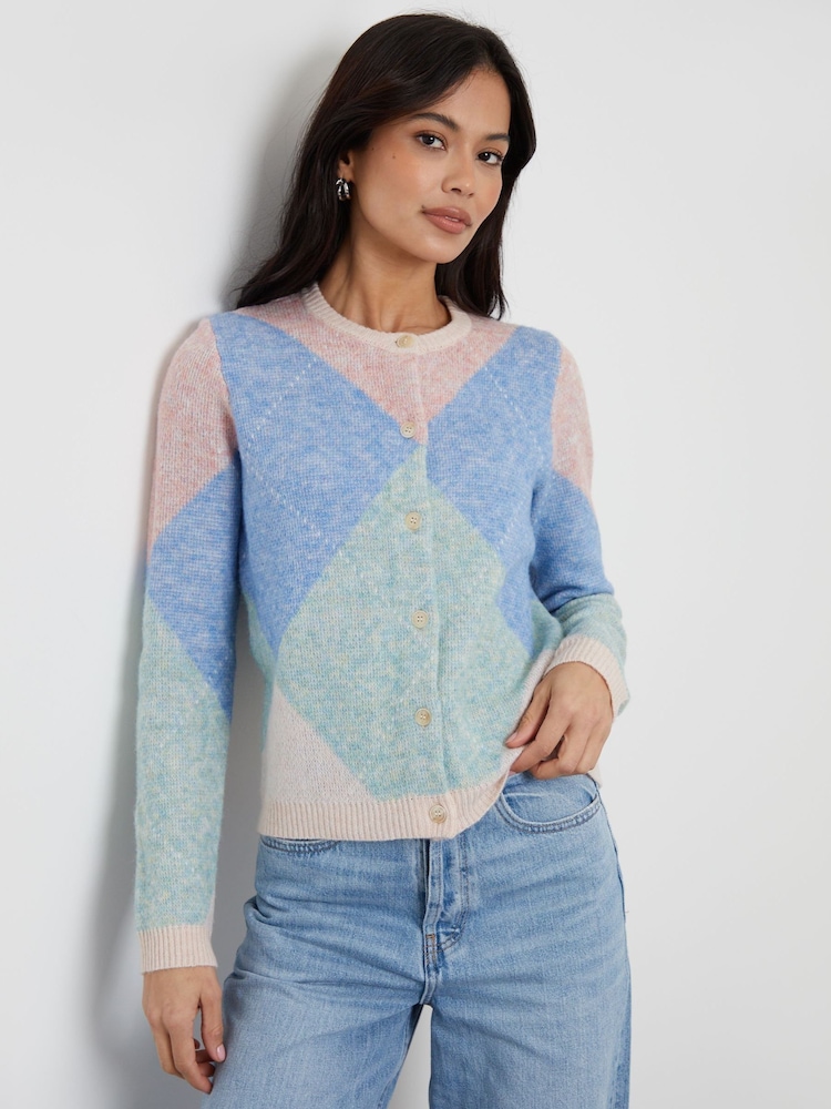 Threadbare Blue Argyle Button Up Knitted Cardigan - Image 1 of 4